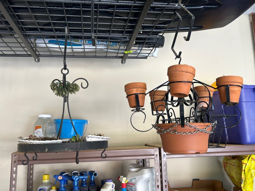 2 Wrought Iron Plant Holders- One Round Tray, Other Holds 6 Planters