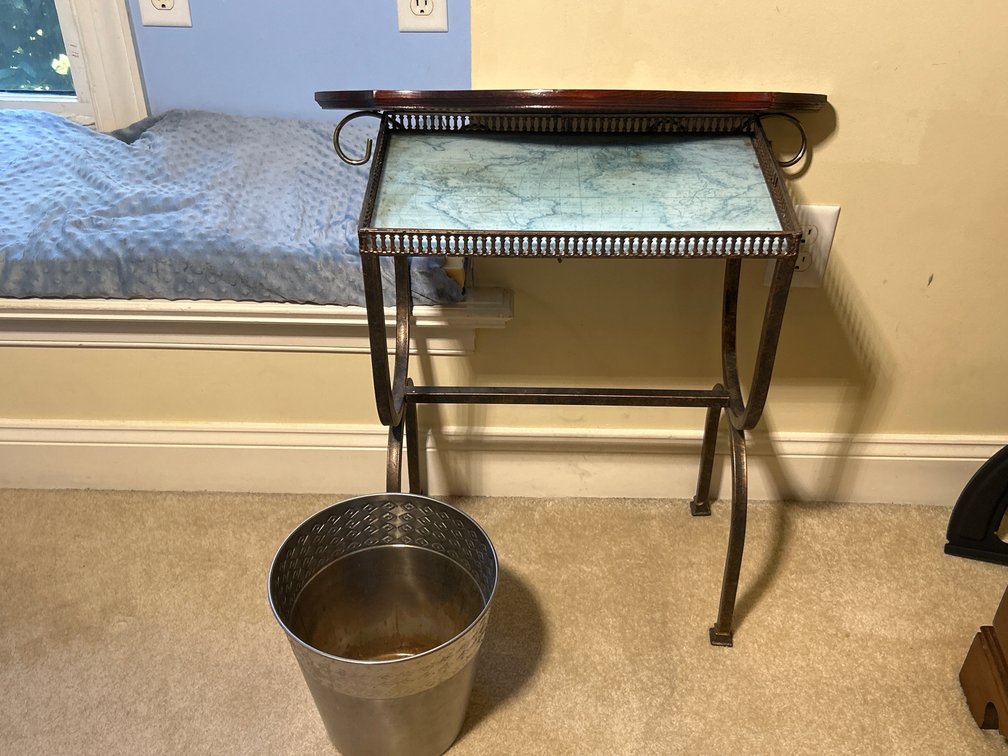 Metal Table with Marble Look Top, Wall Shelf with Metal Decoration, Metal Waste Can