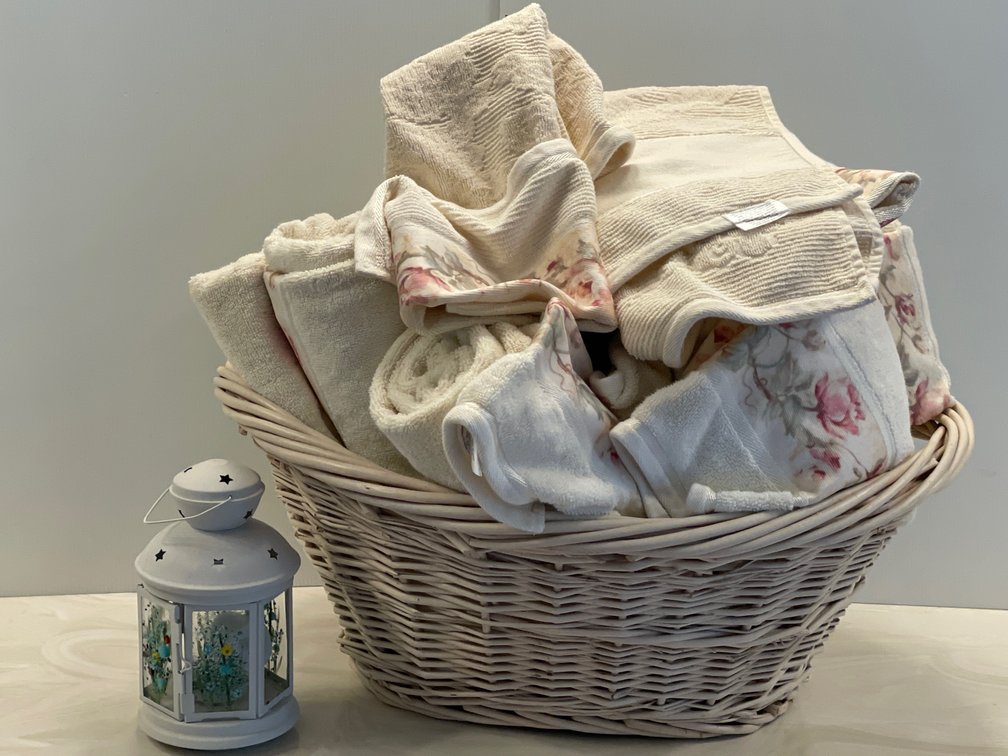 Wicker Wash Basket with Assorted Towels, White Metal Lantern