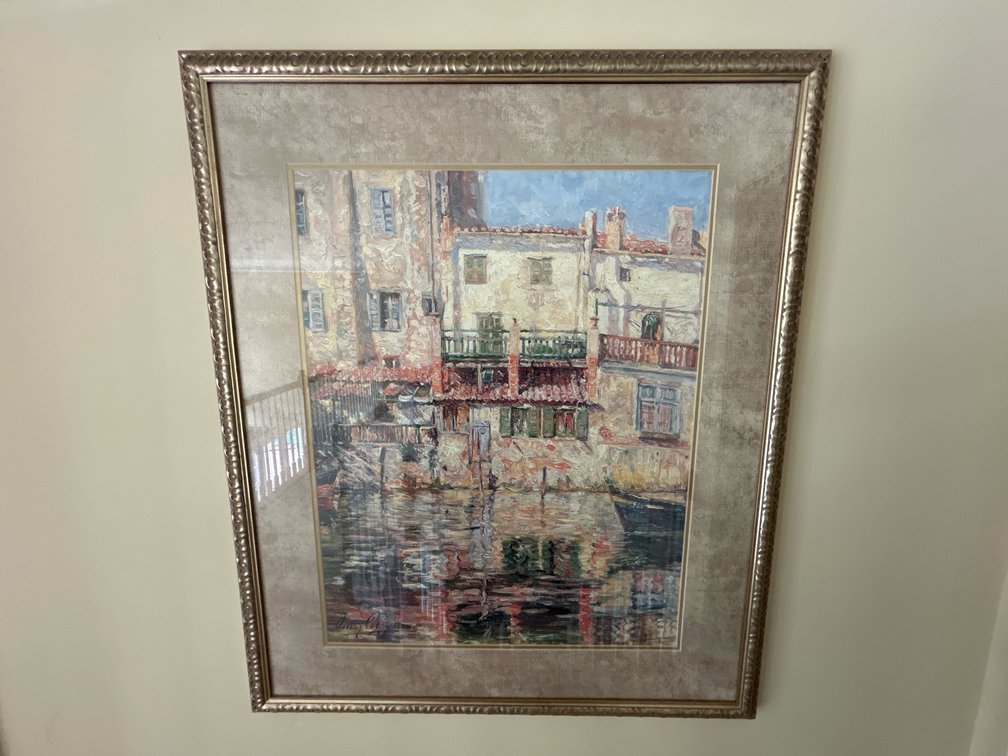 Framed Colored Print of Abstract Town Scene, Signed Lower Left