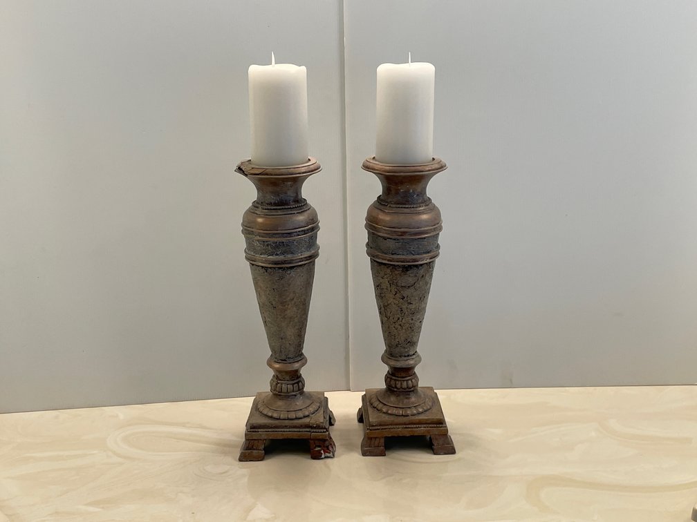 Pair of Stone-Look Pottery Candle Sticks with White Candles