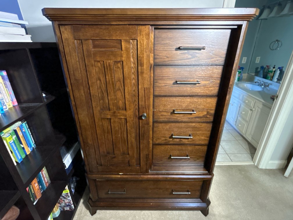 Wooden Side by Side- 5-Drawers on Right, Single Door on Left, Drawer in Base