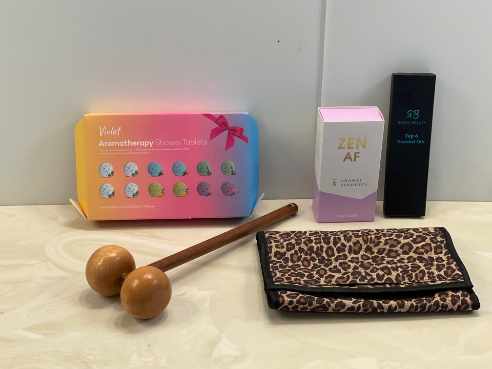 Wooden Massager, Leopard Jewelry Case, Shower Tablets & Streamers, Essential Oils