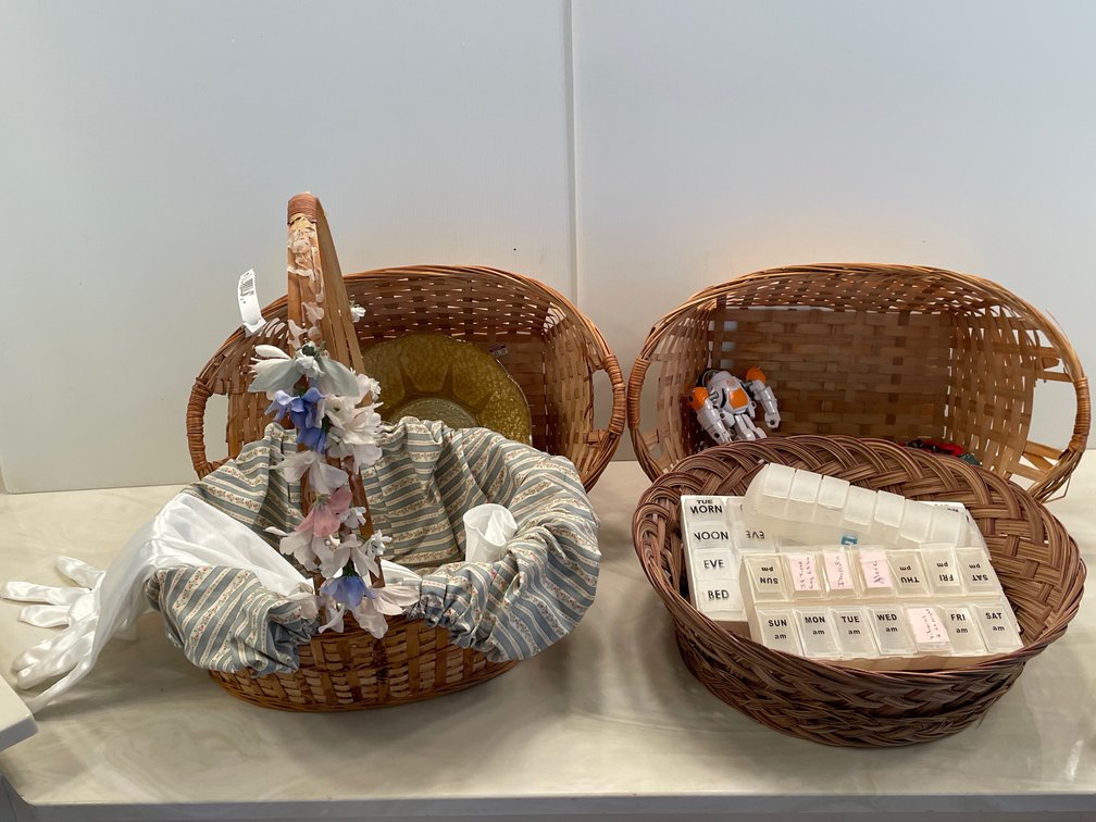 4 Woven Baskets, Amber Glass Bowl, Pill Boxes, Gloves, Toys, More