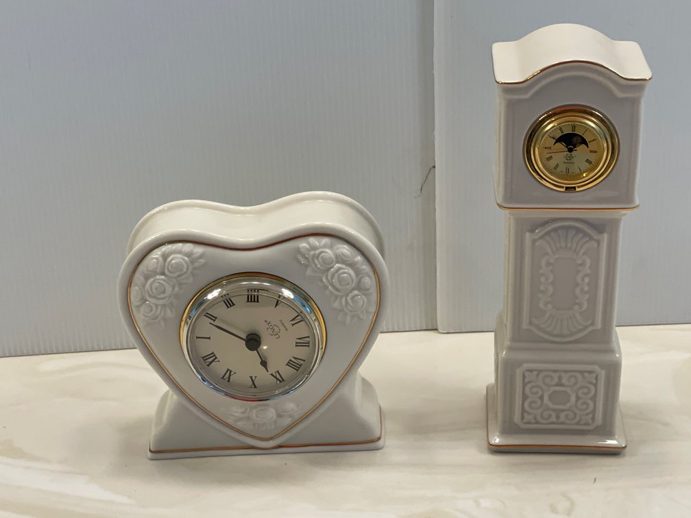 2 Lenox Porcelain Cased Clocks- Heart Shape and Tall Case Clock Shape