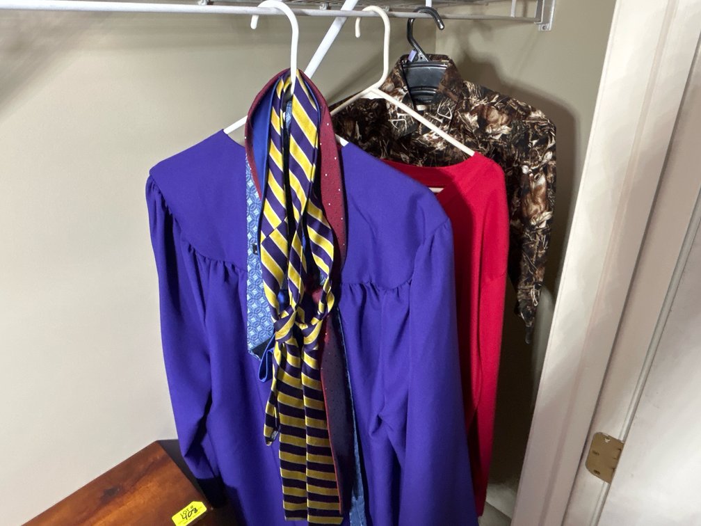 Graduation Gown, Ren Envelope Onesie (Size XL) and RedHead Camo Shirt, Size S