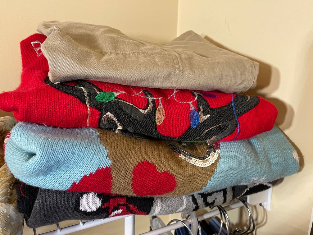 Tan Shorts, 4 Assorted Christmas Sweaters