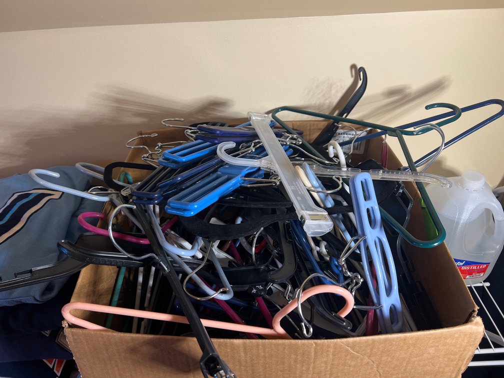 Box of Assorted, Mostly Plastic Hangers