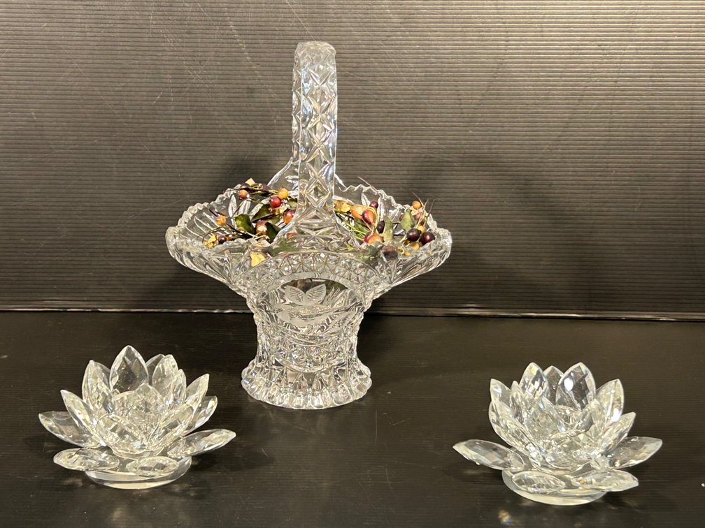 Glass Bride's Basket and Pair of Glass Lily Candle Holders