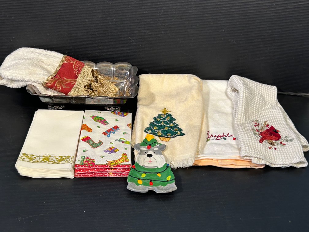 Holiday Paper Napkins, Hand Towels, Silver Tone Tray, Ceramic Holiday Dog Tray