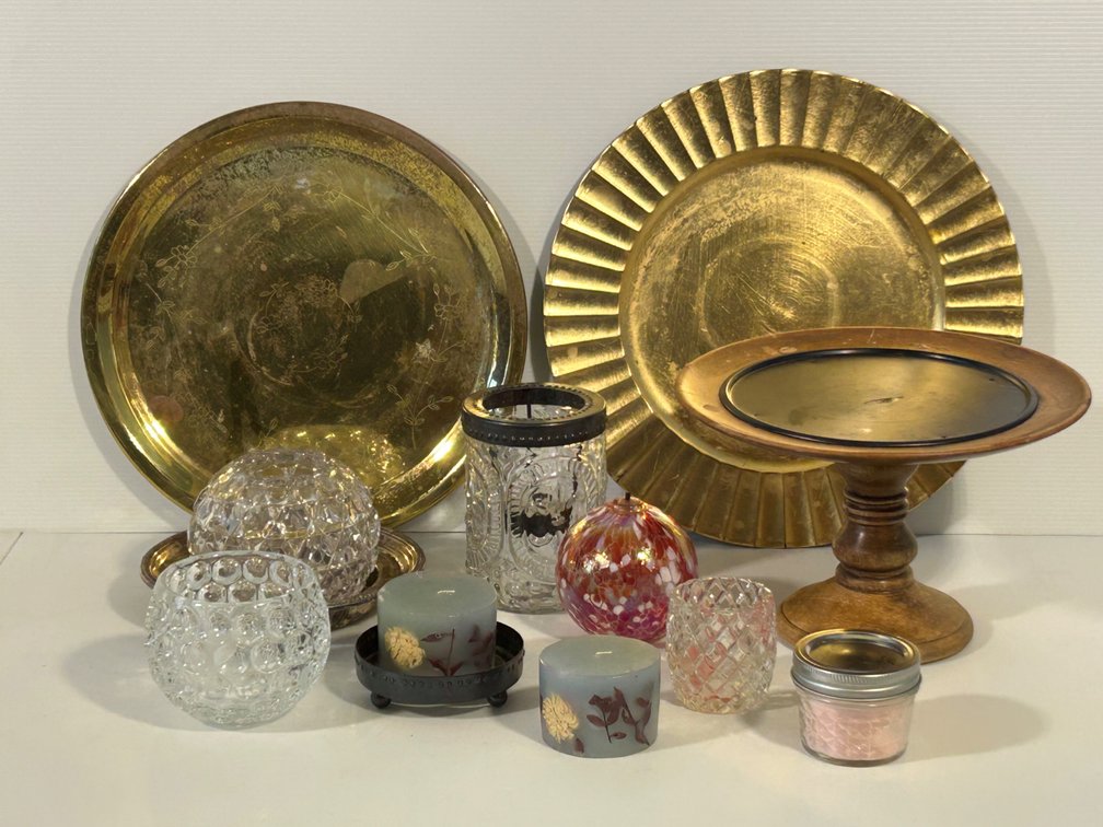 Brass Platters, Pedestal Stand, Glass Candle Holders, Votives, Stand, More
