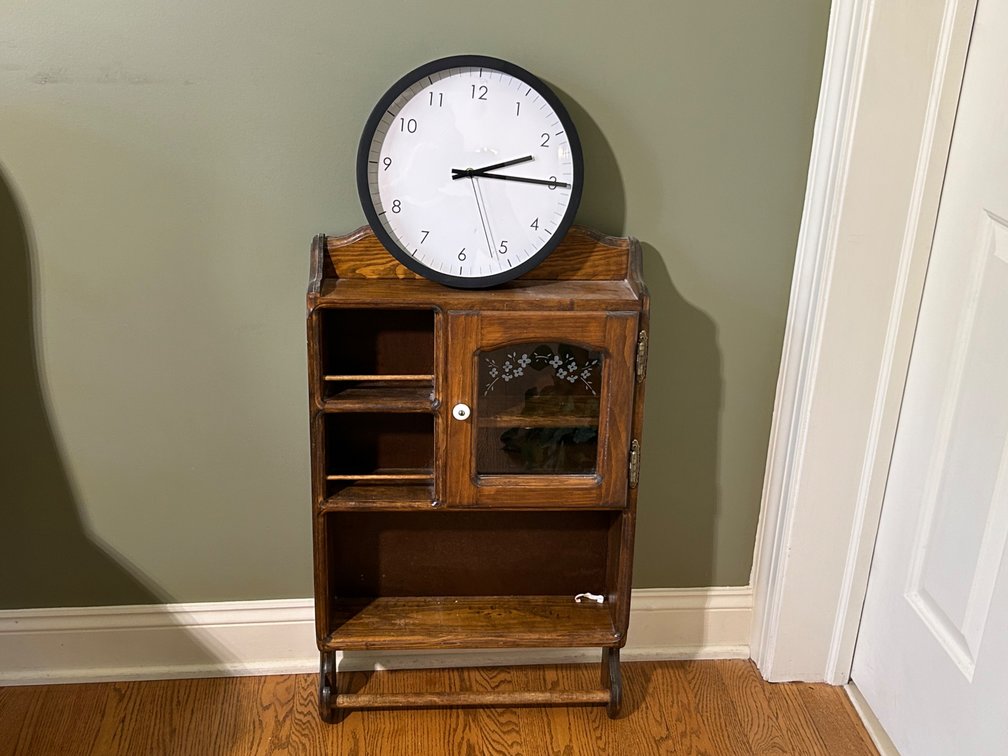 Wall Cabinet with Glass Door and Towel Bar, Round Wall Clock