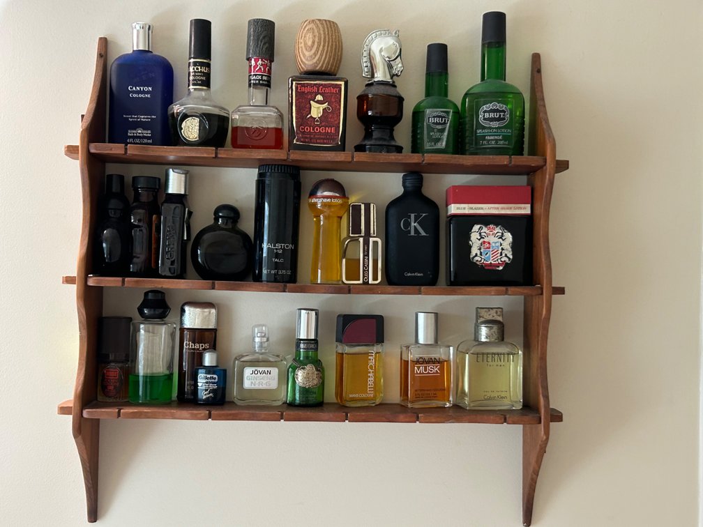 Wooden Display Shelf with Various Perfume, After-Shave, Cologne Bottles