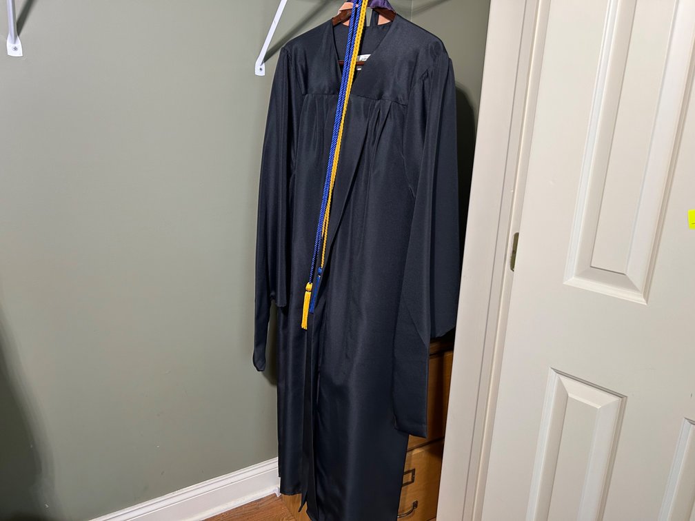 Josten's Black Graduation Gown with Regalia & Blue/Gold Cords, Size 5'10"- 6'0" Master