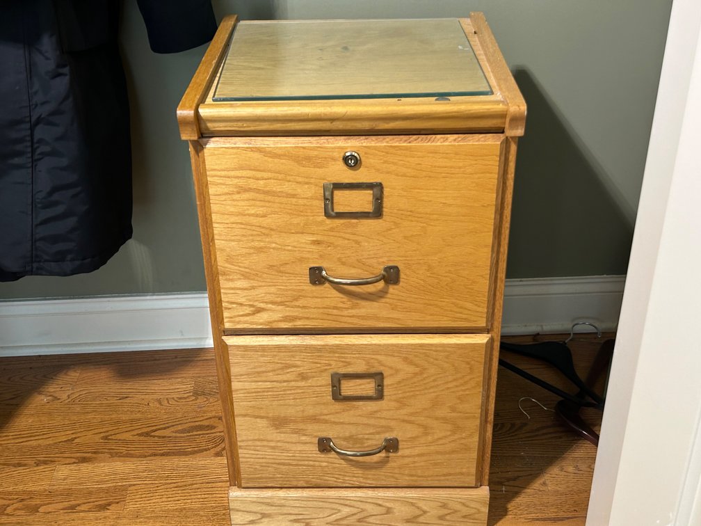 Oak 2-Drawer File Cabinet with Glass Piece on Top