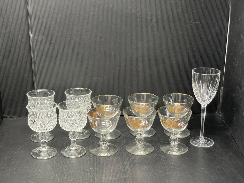 Stemmed Glasses- 4 Patterned Glass, 6 Gold Motif and One Crystal Wine