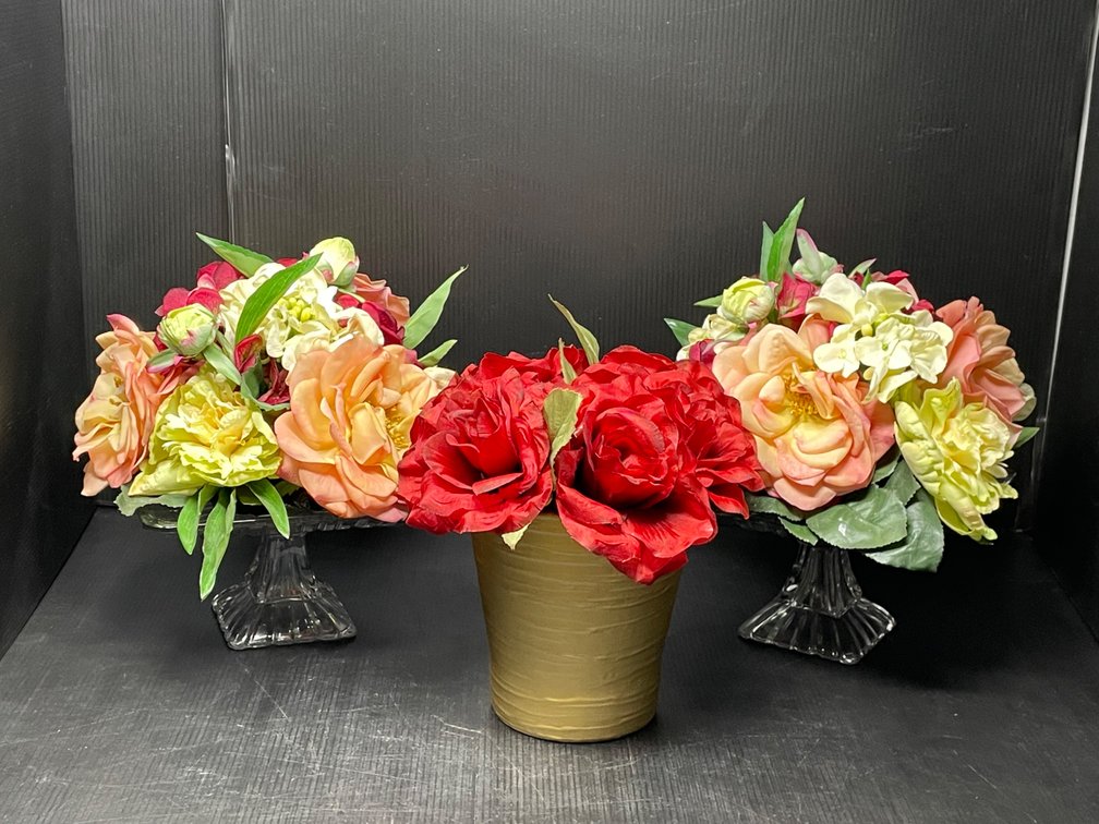 Artificial Floral Arrangements- Pot with Red Roses, Pair of Arrangements in Glass Vases