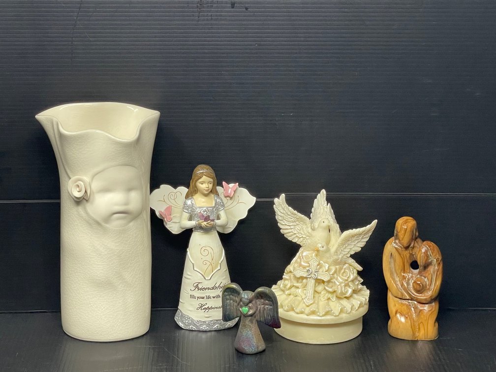 Baby Face Vase, Angel Figures, Dove/Cross Figure and Olive Wood Holy Family Carving