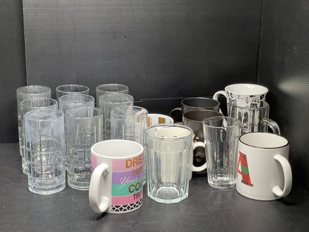Assorted Glass Beverageware, Ceramic Mugs