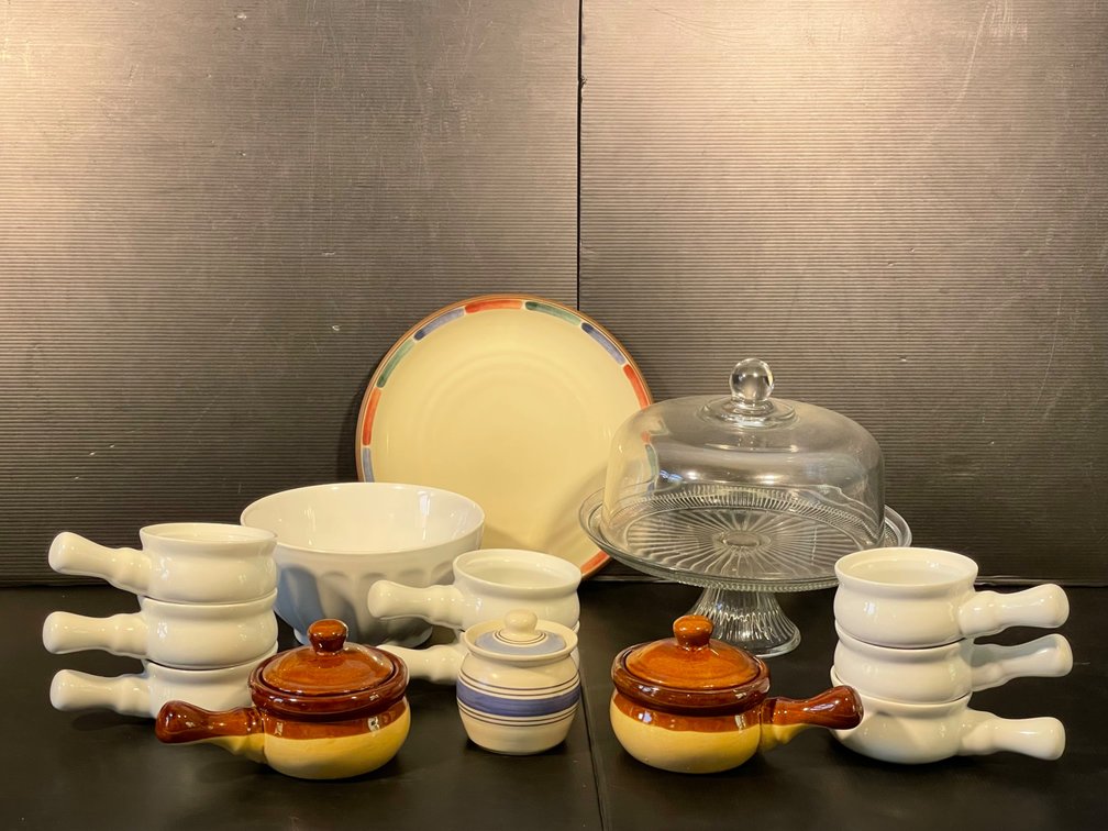 Assorted Dishware- Glass Cake Stand with Domed Lid, Single Plate, Lidded Sugar Bowl