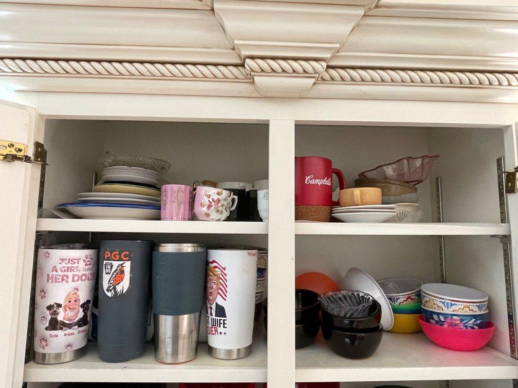 Contents of Cabinet- Assorted Dishware, Bowls, Travel & Other Mugs