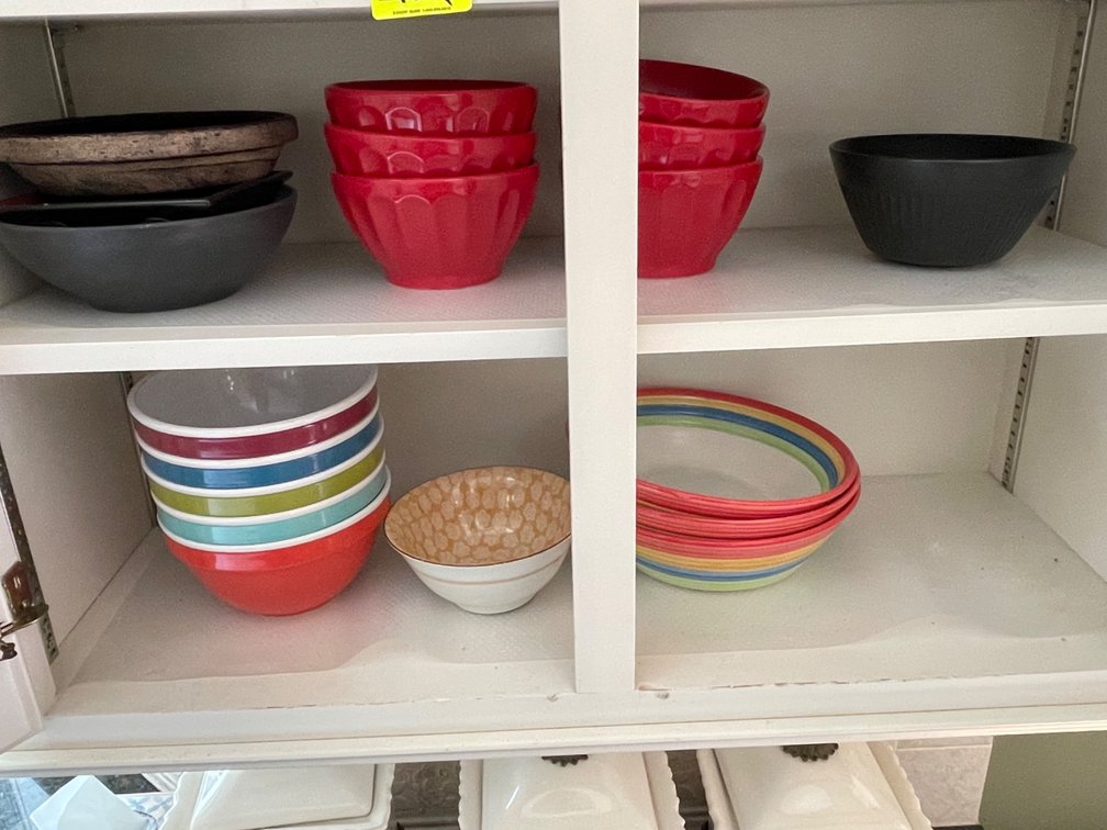 Contents of Cabinet- Assorted Bowls in Various Materials, Patterns, Sizes