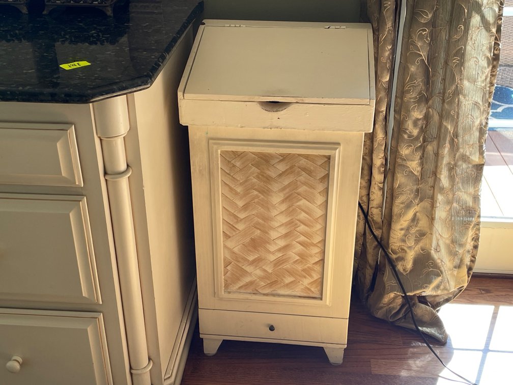 White Wood Hamper with Chevron Inset in Front and Hinged Lid