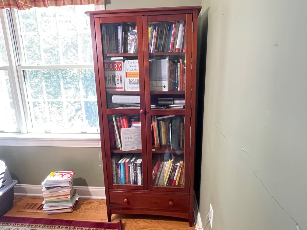 Wooden Bookcase with 2 Glass Doors and Lower Drawer
