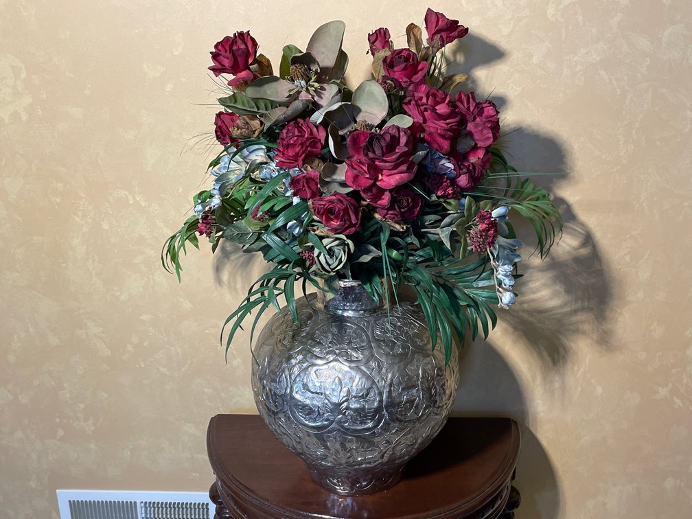 Artificial Floral Arrangement in Metal Vase with Relief Design