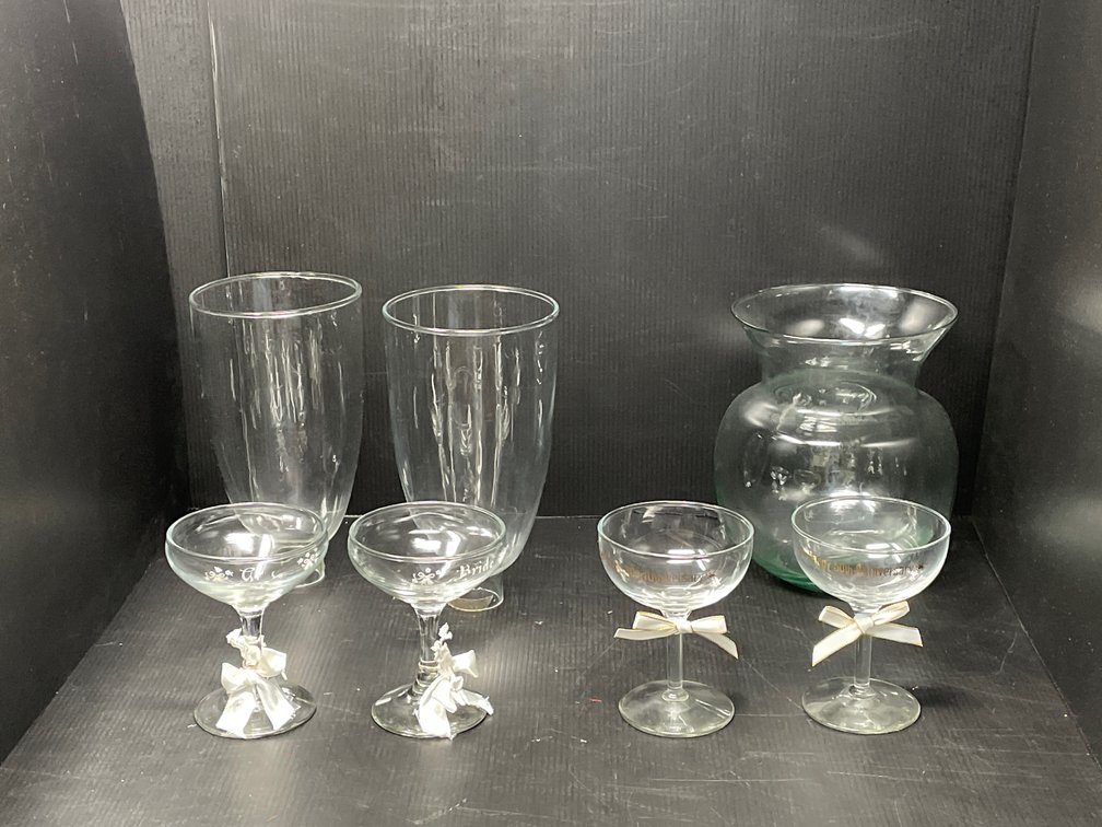 Glassware Lot- 2 Candle Shades, Vase, 4 Wines- Bride & Groom & Happy 50th Anniversary