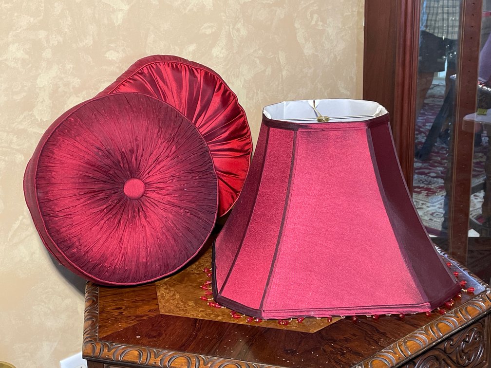 2 Garnet Colored Throw Pillows and Lamp Shade