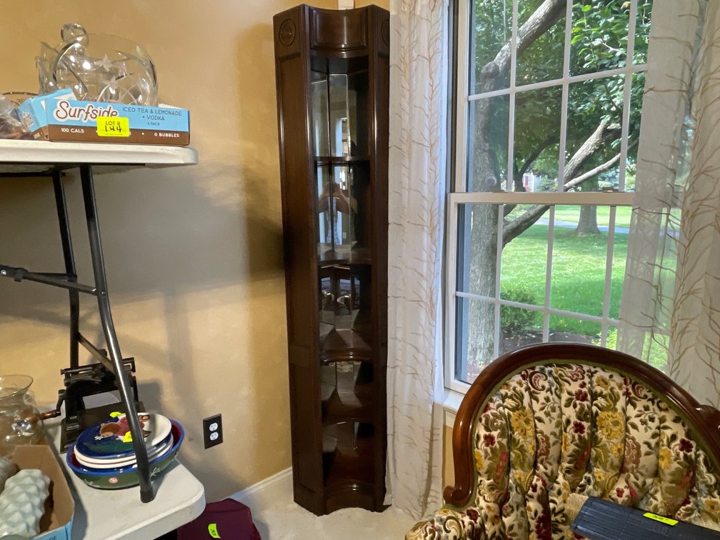 Mahogany & Glass Lighted Corner Display Cabinet with Concave Front