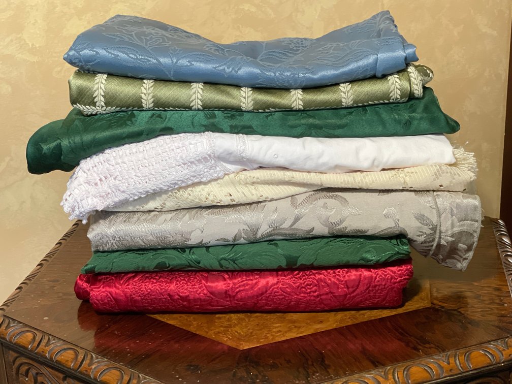 8 Assorted Table Cloths- Lace, Damask, Crochet-Edged, More