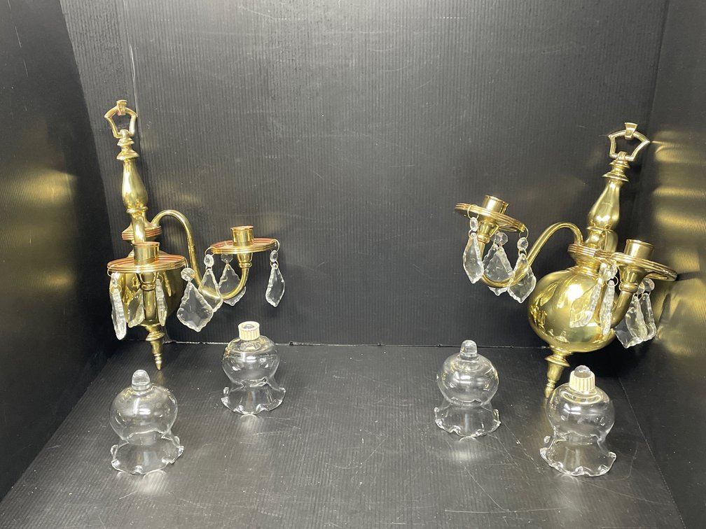 2 Brass Wall Candelabra Sconces, Each with 2 Glass Shades and Pendalogues