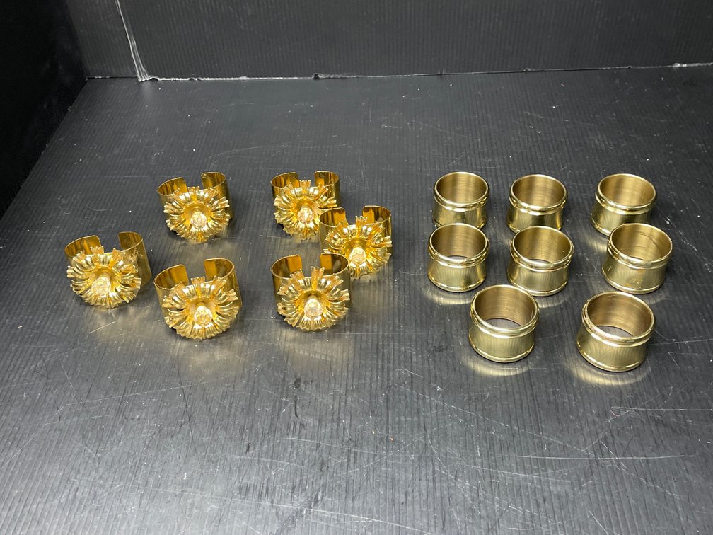 2 Sets of Gold Tone Napkin Rings- 6 with Crystal/Flowers, 8 Plain Rings