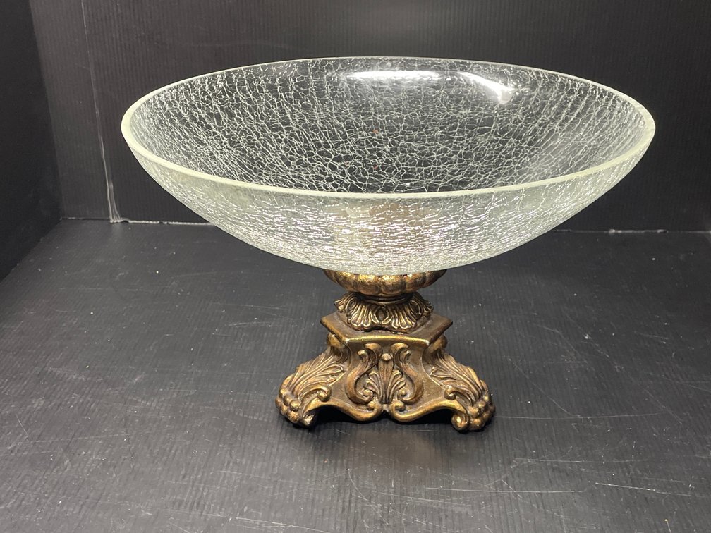 Gold Tone Metal Base with Crackle Glass Bowl
