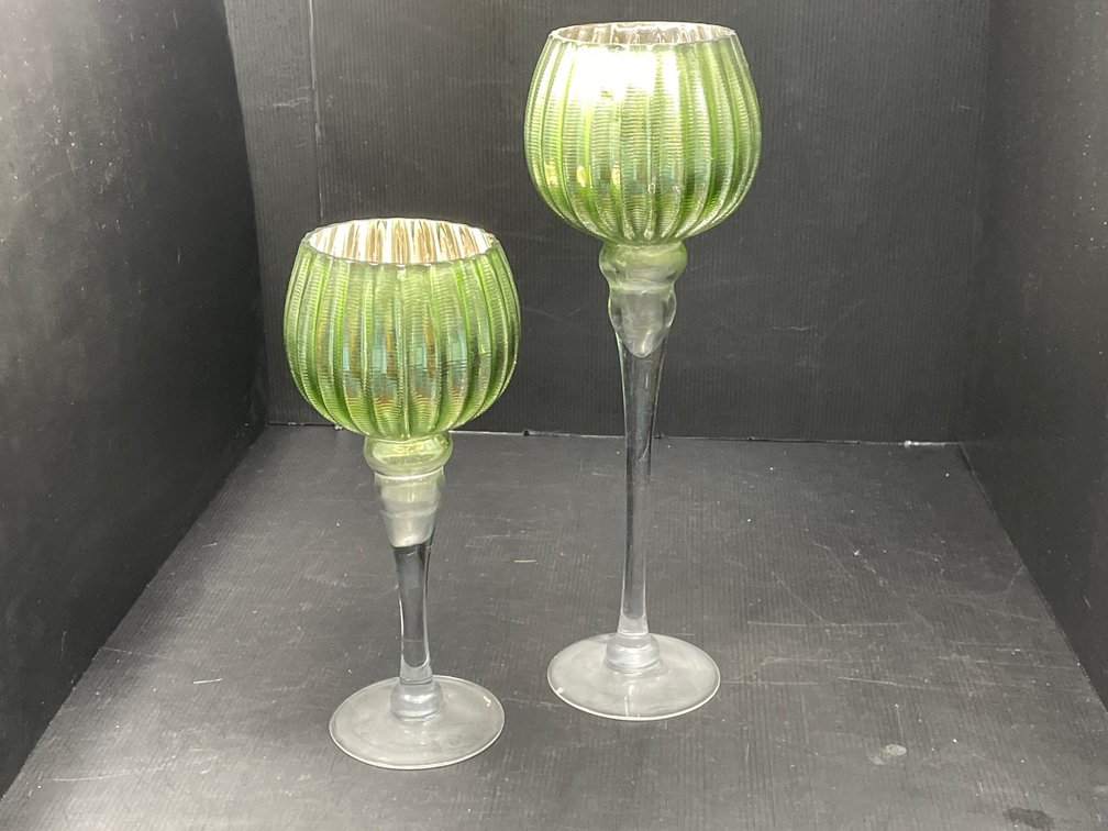 2 Green Glass Pedestal Votive Holders