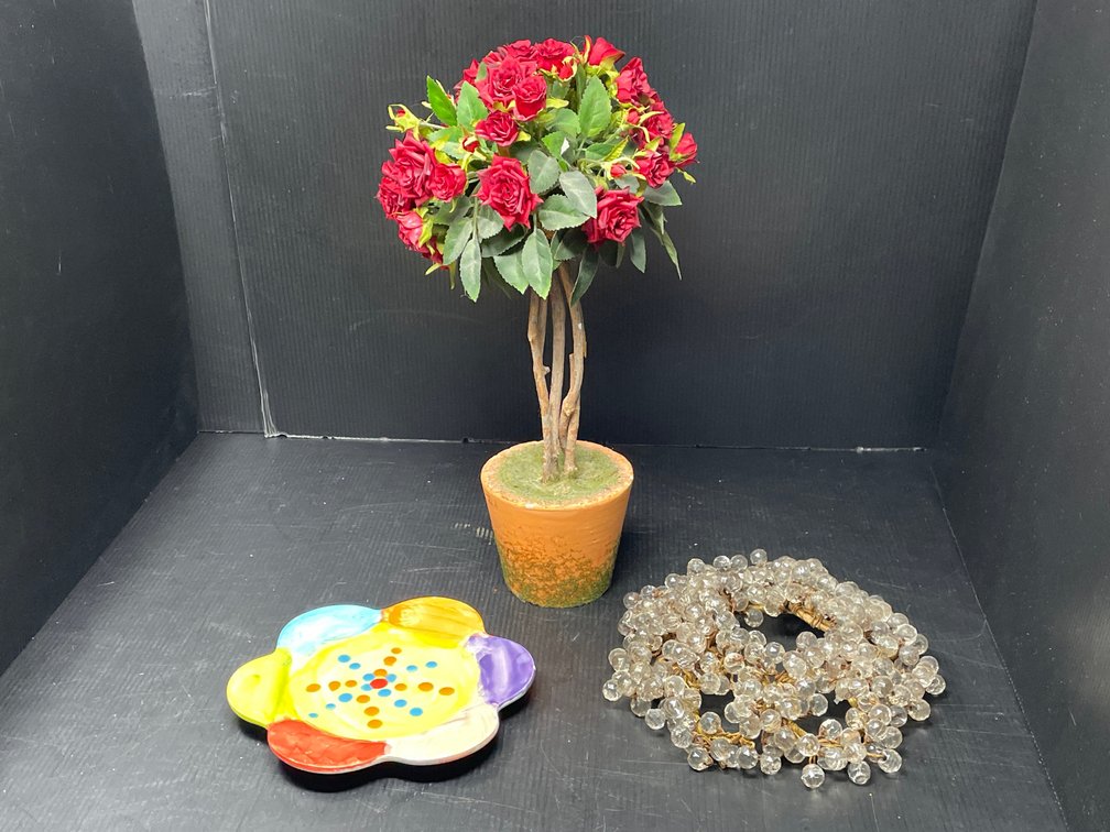 Artificial Rose Topiary, Small Colorful Pin Dish and Glass Bead Candle Ring