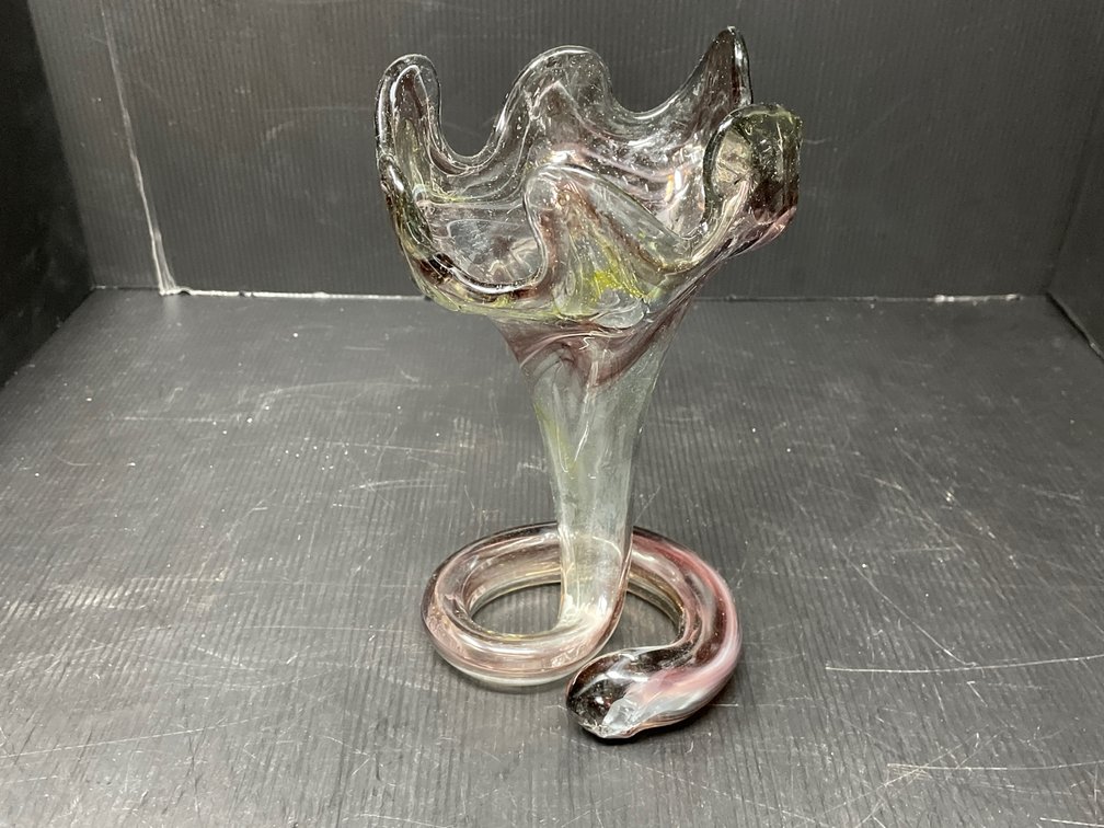 Art Glass Vase with Pulled Rim and Curled Base