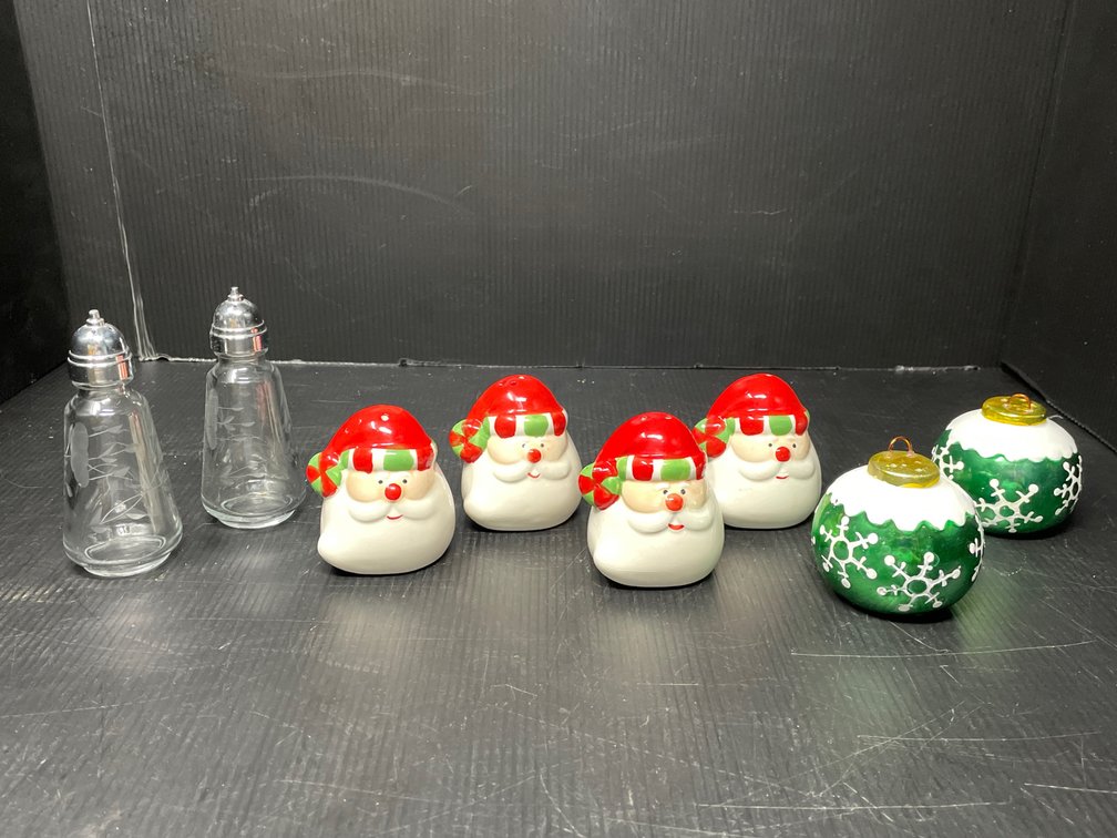 4 Salt & Pepper Sets- 2 Santas, Green Snowflake Ornaments, and Etched Glass Set