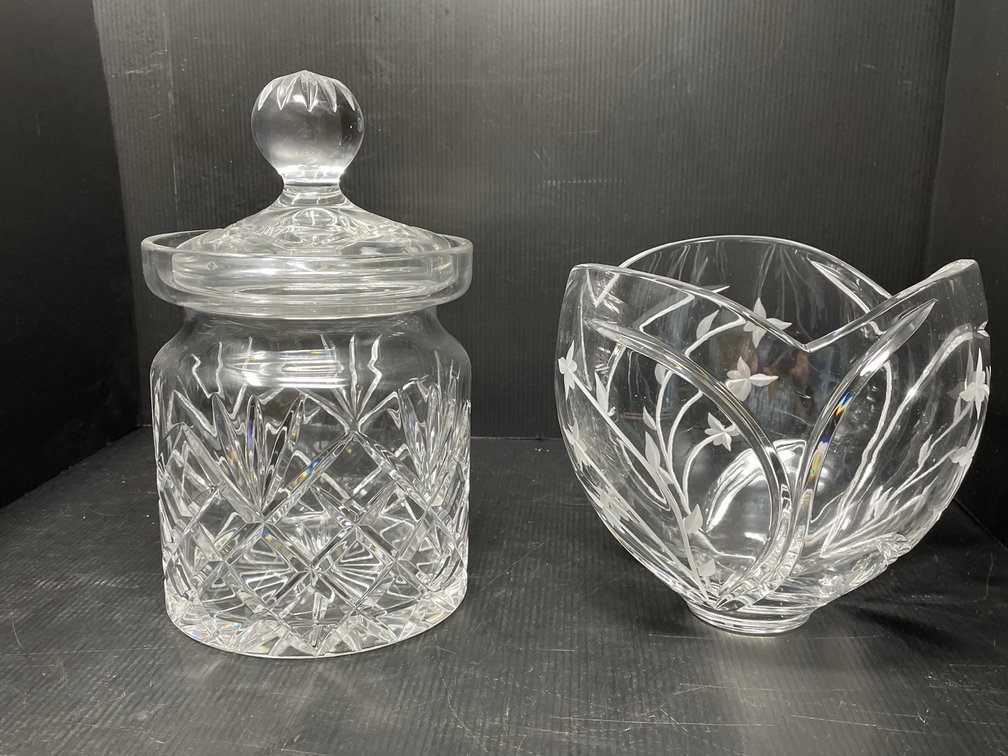 Crystal Lidded Jar and Tulip Shaped Etched Bowl