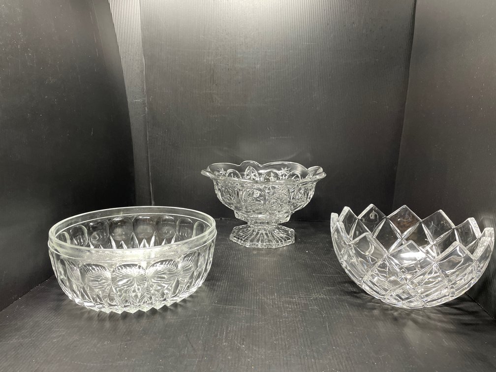 3 Clear Glass Bowls- One Pedestal, One Sawtooth and One Round