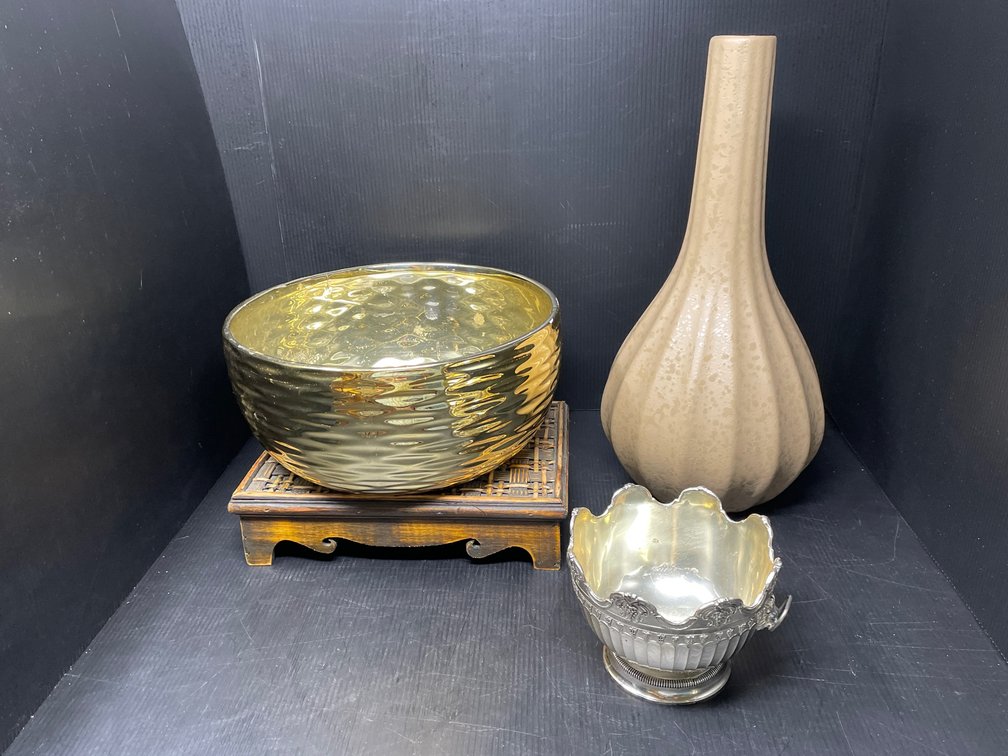 Gold Tone & Silver Tone Metal Bowls, Fluted Vase, Wooden Stand with Woven Top