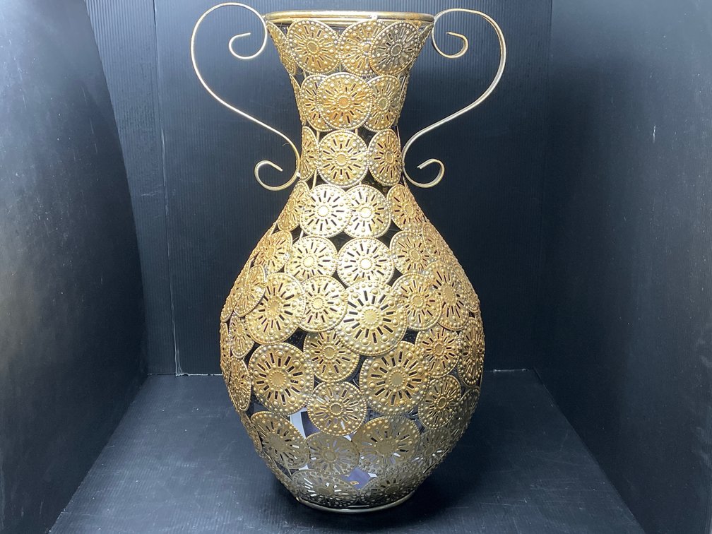 Double Handled Metal Urn Comprised of Pierced Medallions
