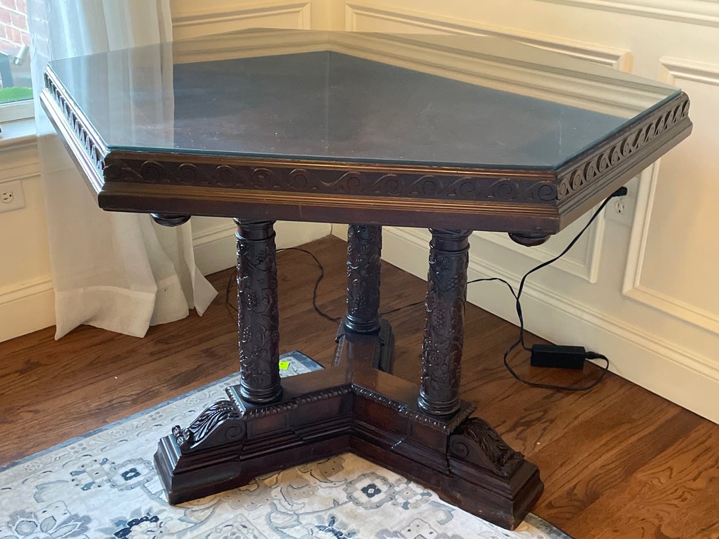 Hexagonal Wooden Table with Glass Top on Three Legs