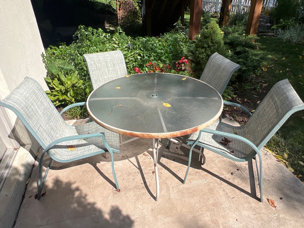 Metal & Glass Round Table and 4 Matching Metal Framed Chairs
