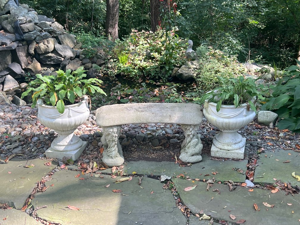 Small Concrete Garden Bench and 2 Urns with Hosta Plants
