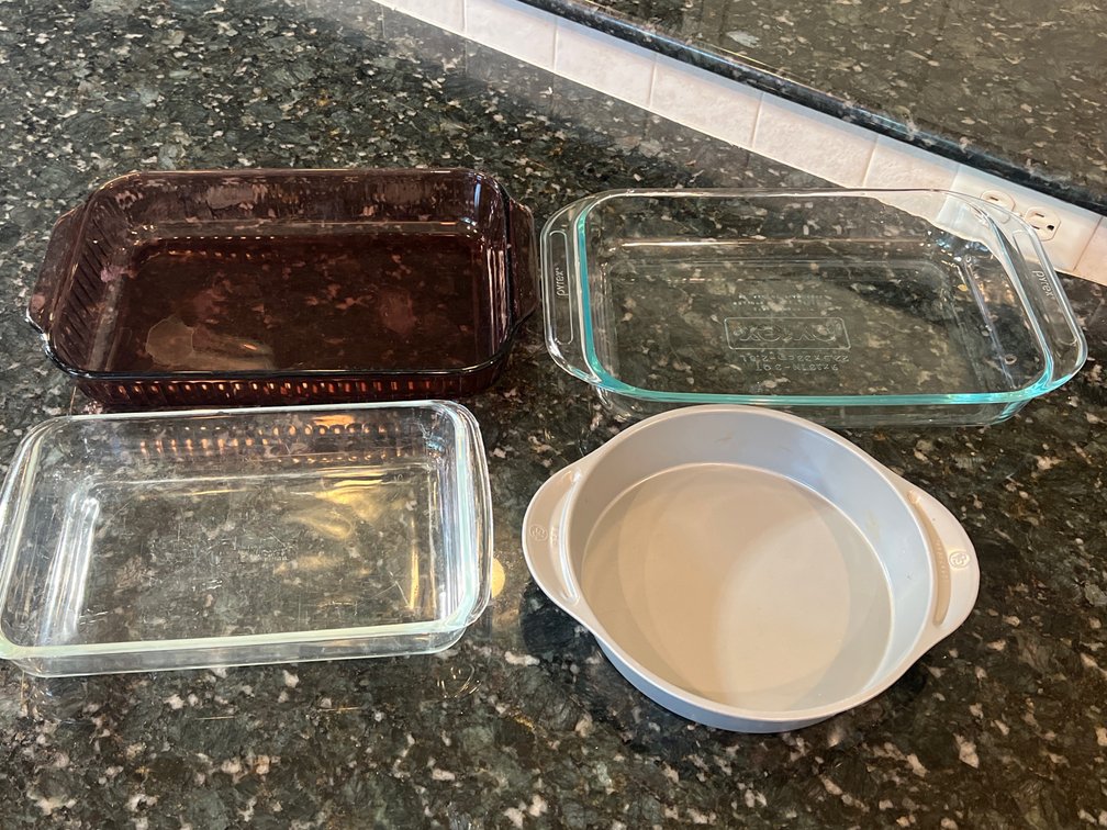 4 Baking Dishes- 2 Pyrex, Purple Visions and White Round