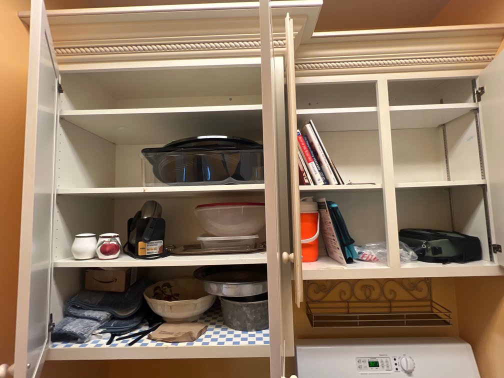 Contents of Cabinets- Cookbooks, Metal Baking Dishes, China Bowl,  Tray, Waffle Iron