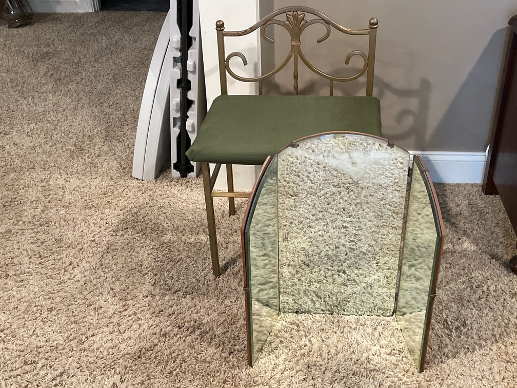 Brass Vanity Bench with Green Seat and Triptych Mirror